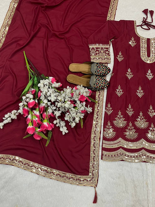 Designer Embroidery Work Marron Color Palazzo Suit