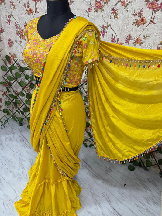 Haldi Wear Embroidery Work Yellow Color Lehenga Saree