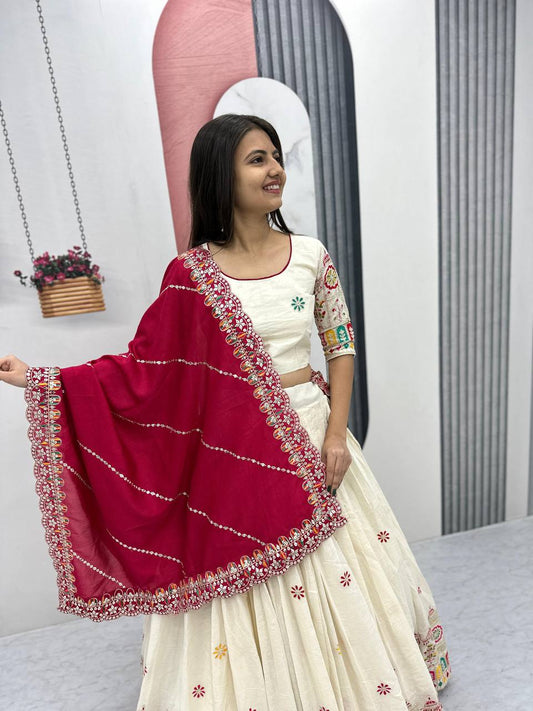 Traditional Wear Embroidery Work White Color Lehenga Choli