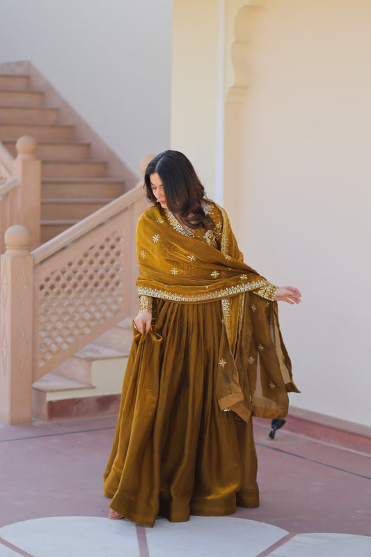 Function Wear Sequins Embroidered Work Mehendi Color Anarkali Suit