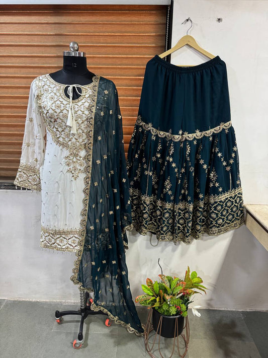 Fabulous Heavy Work White Color Suit Teal Blue Sharara