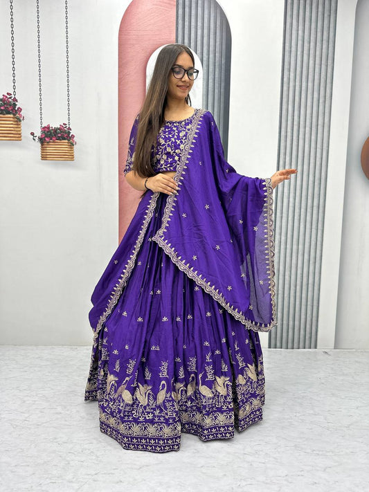 Wedding Wear Embroidery Work Navy Blue Color Lehenga Choli