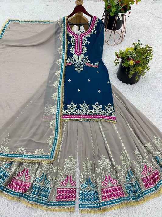 Awesome Sequence Work Navy Blue Color Sharara Suit