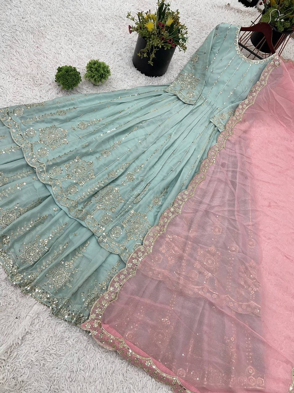Good Looking Heavy Work Rama Color Top With Lehenga