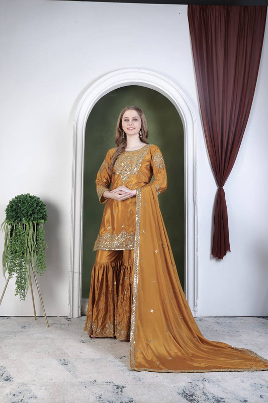 Attractive Heavy Work Mustard Color Sharara Suit
