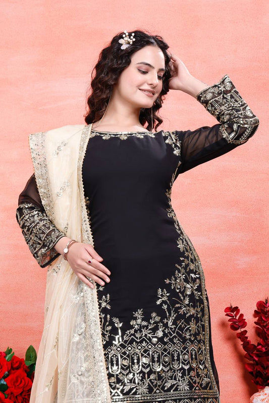 Delightful Heavy Work Black Color Sharara Suit