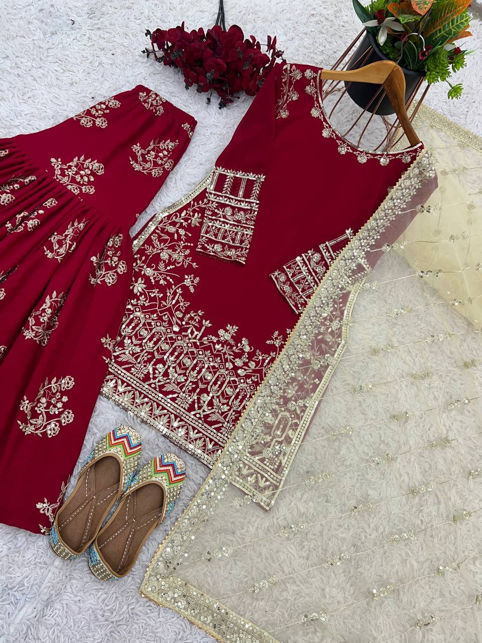 Delightful Heavy Work Red Color Sharara Suit