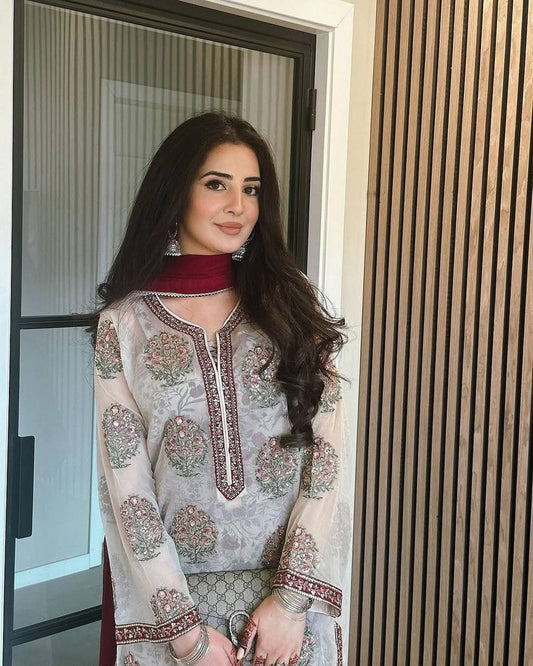 Peaceful Digital Print White Color Palazzo Suit