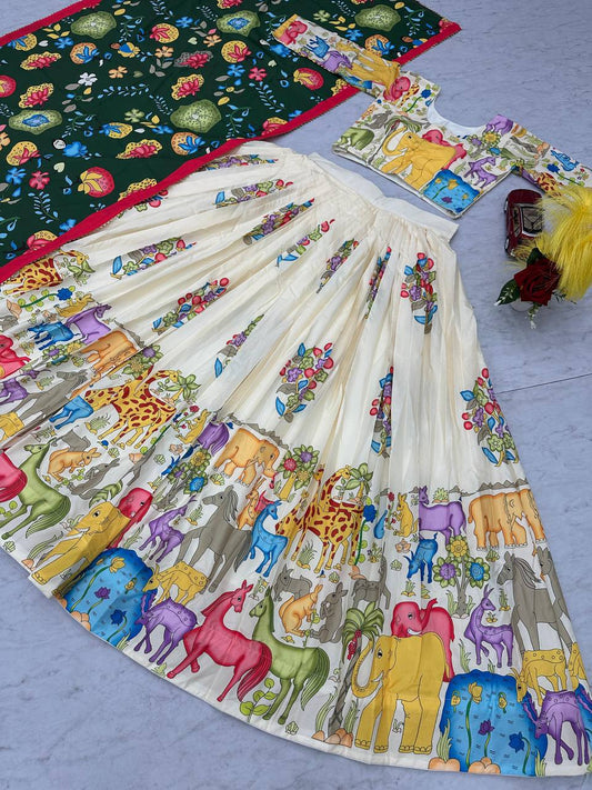 Traditional Wear Kalamkari Print Cream Color Lehenga Choli
