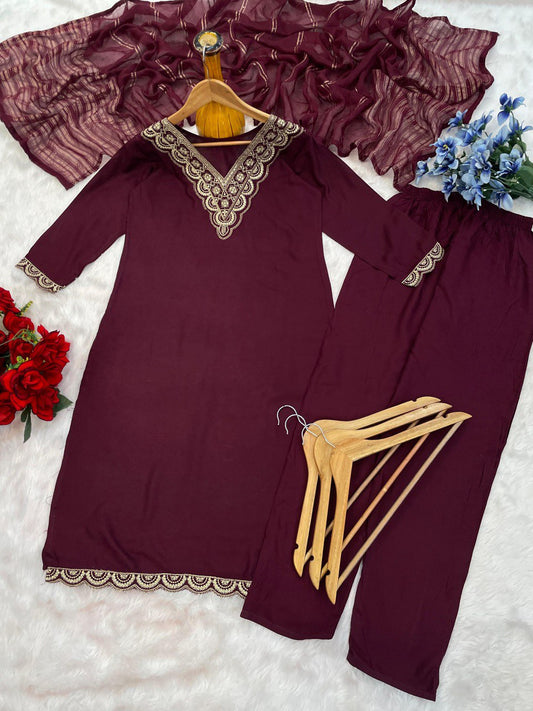 Decent Embroidery Work Wine Color Salwar Suit