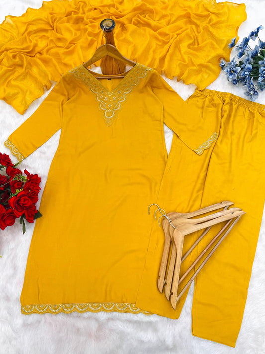 Decent Embroidery Work Yellow Color Salwar Suit