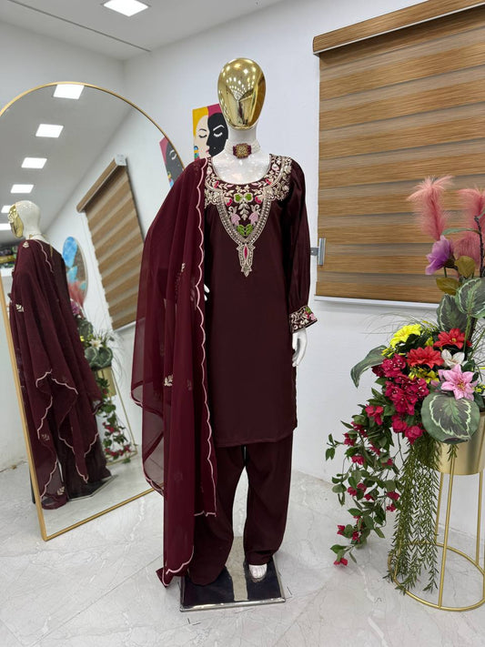 Gorgeous Sequence Work Wine Color Palazzo Suit