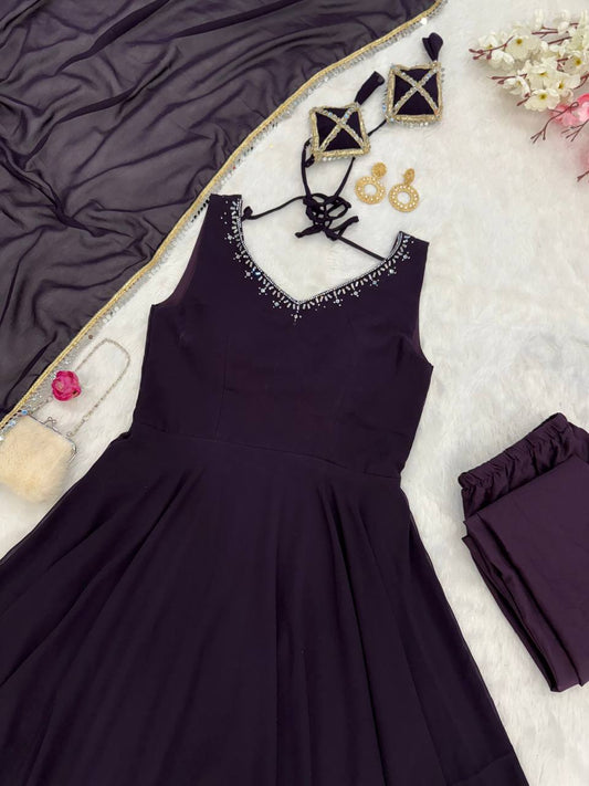 Wonderful Wine Color Hotfix Work Anarkali Gown