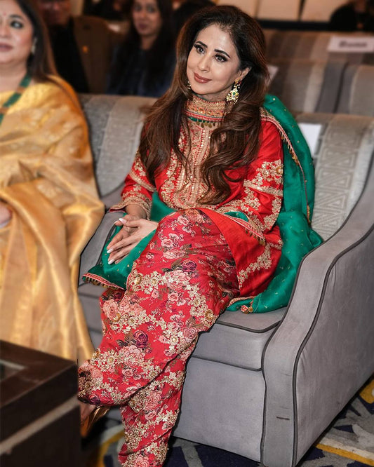 Designer Embroidery Work Red Color Patiala Suit