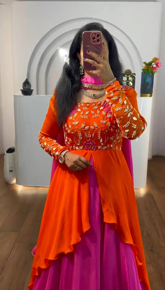 Blissful Pink With Orange Color Double Layer Anarkali Gown