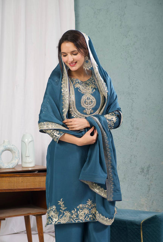 Adorable Embroidery Work Blue Color Salwar Suit