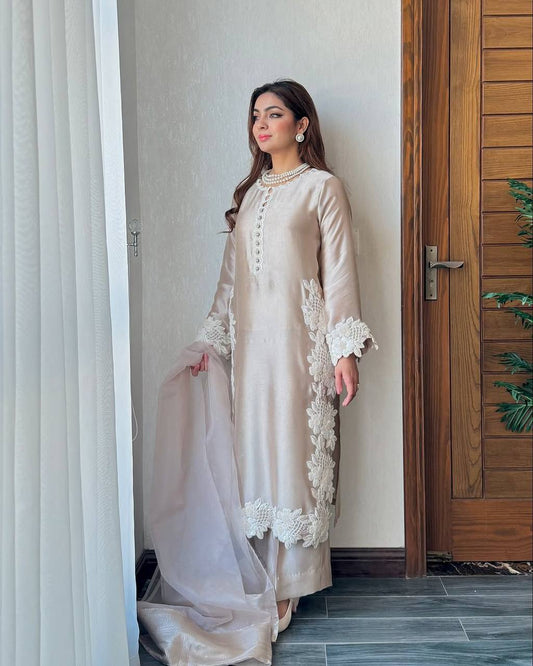 Stylish Peral Moti Hand Work Cream Color Palazzo Suit