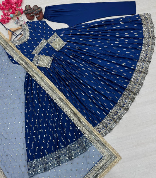 Wonderful Heavy Work Navy Blue Color Gown