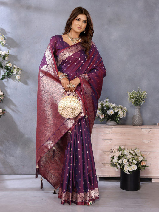 Wine Color Traditional Banarasi Silk Rich Pallu Saree