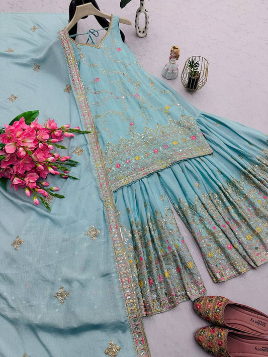 Multi Thread Work Shining Sky Color Sharara Suit