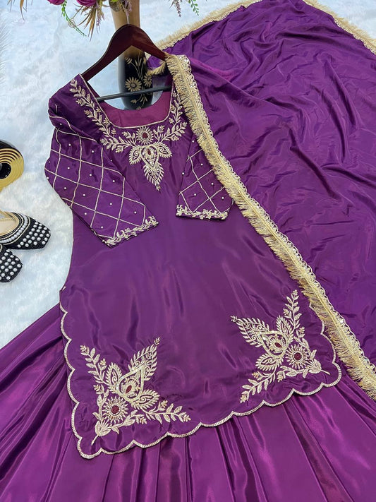 Function Wear Bids Hand Work Purple Color Top With Lehenga