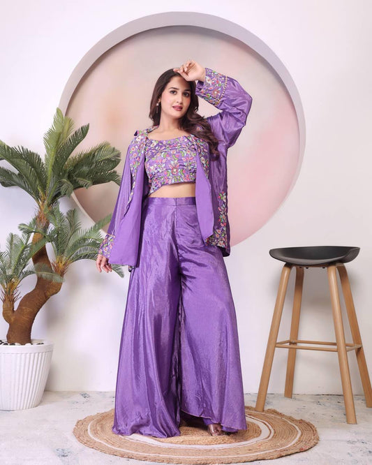 Adorable Multi Embroidery Work Lavender Color Palazzo Suit With Koti