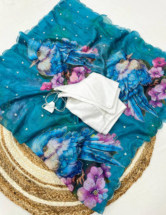 Fantastic Flower Print Sky Blue Color Saree