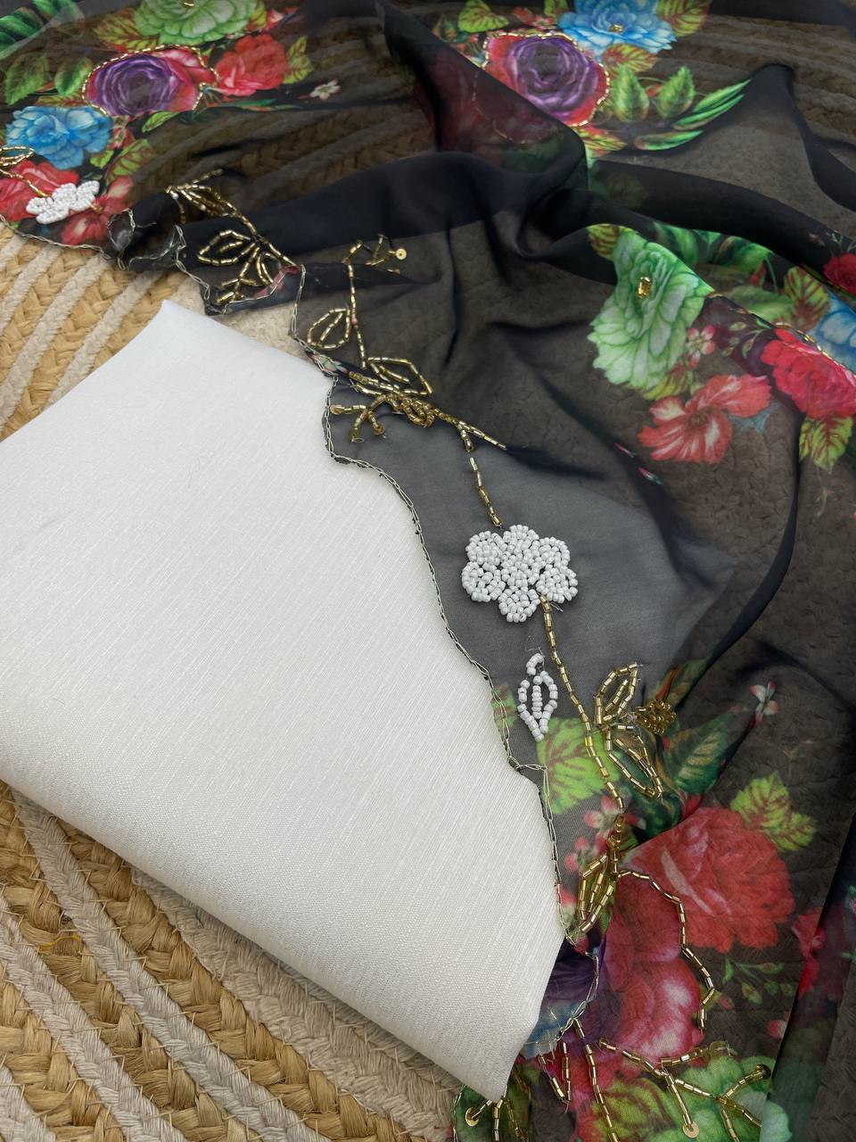 Attractive Flower Print Black Color Saree