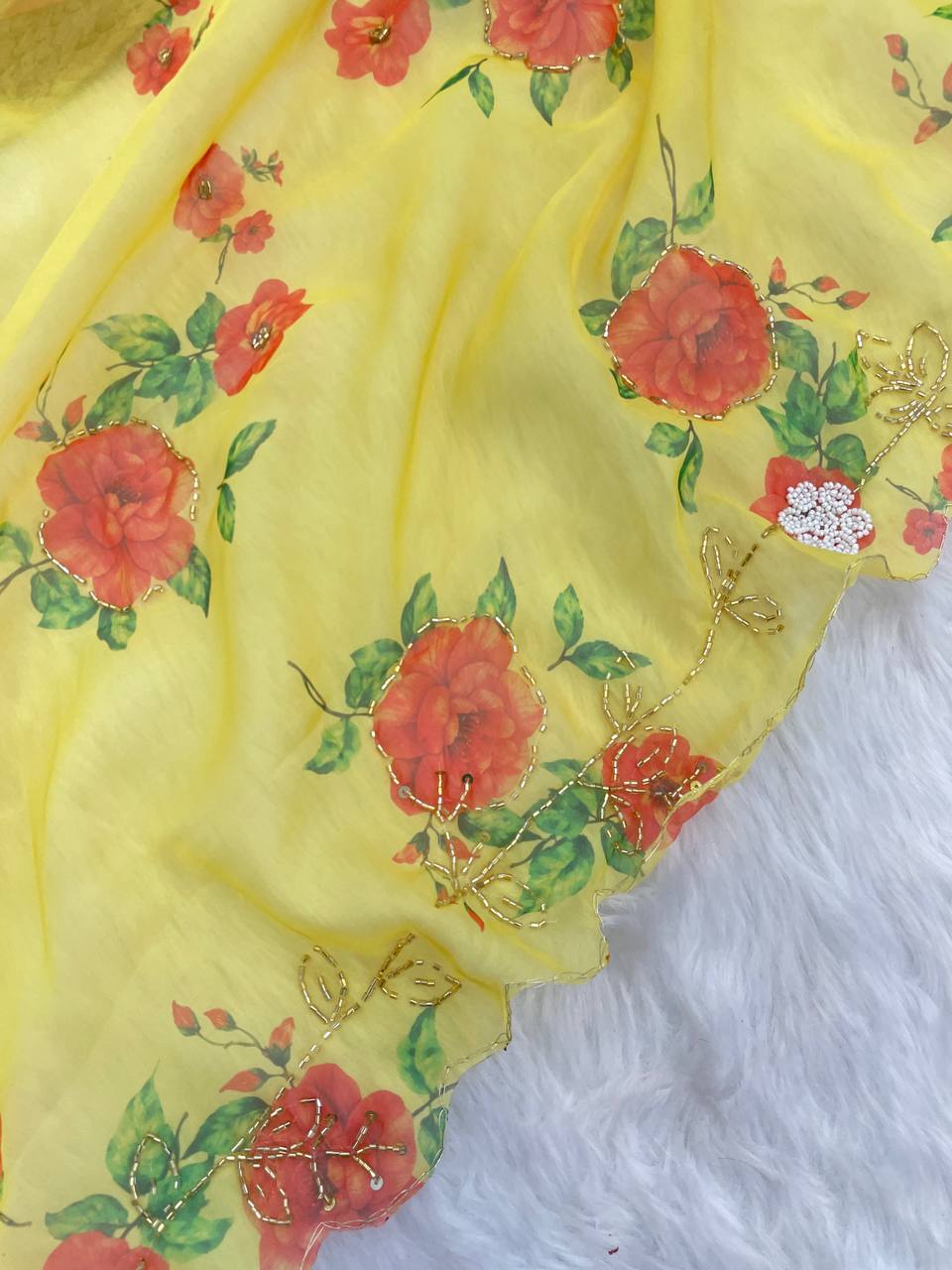 Attractive Flower Print Yellow Color Saree