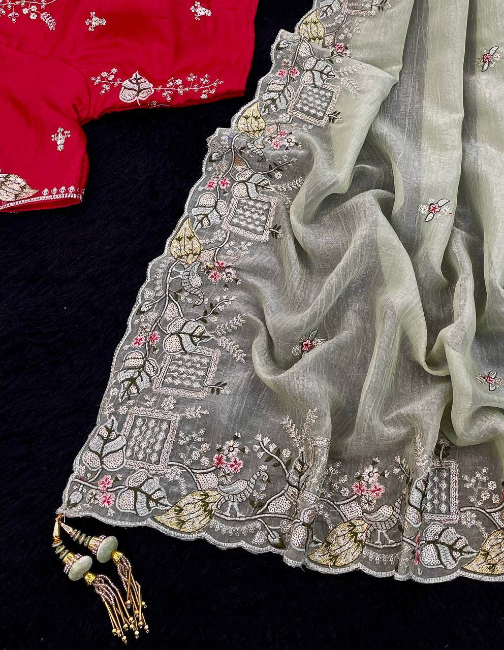 Glorious Embroidery Work Green Color Saree