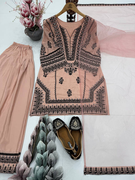 Stunning Embroidery Work Peach Color Palazzo Suit