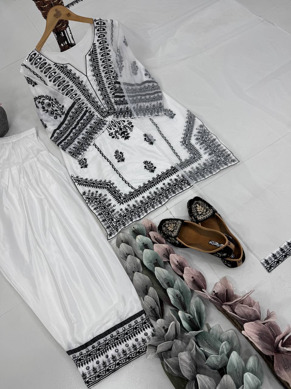Stunning Embroidery Work White Color Palazzo Suit