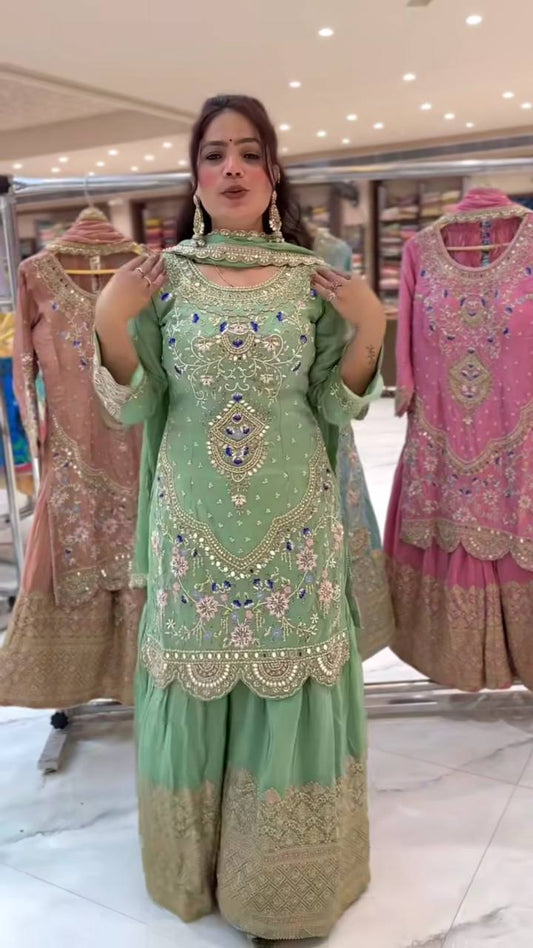 Fabulous Heavy Work Teal Green Color Sharara Suit