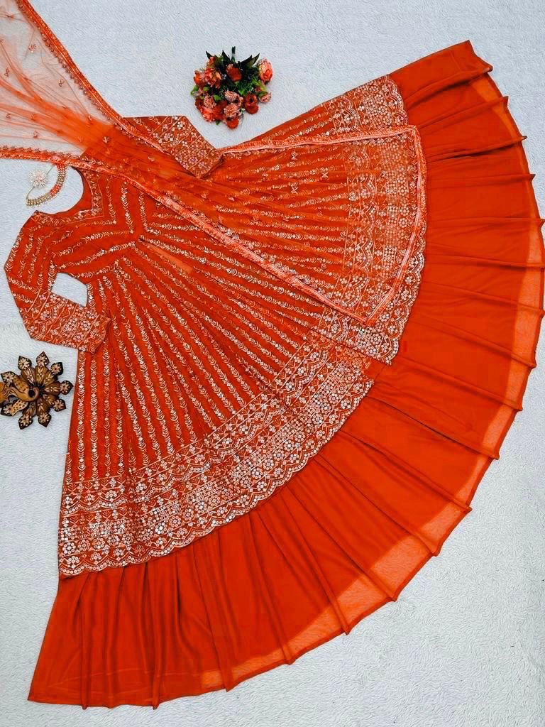 Delightful Sequence Thread Work Orange Top With Lehenga