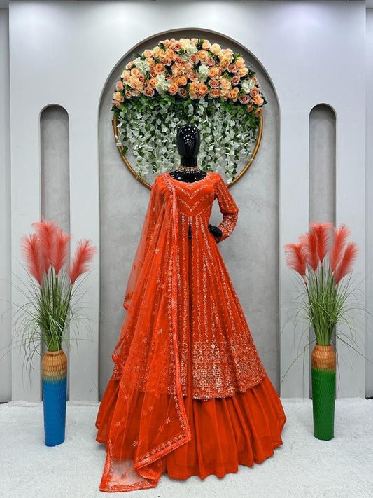 Delightful Sequence Thread Work Orange Top With Lehenga