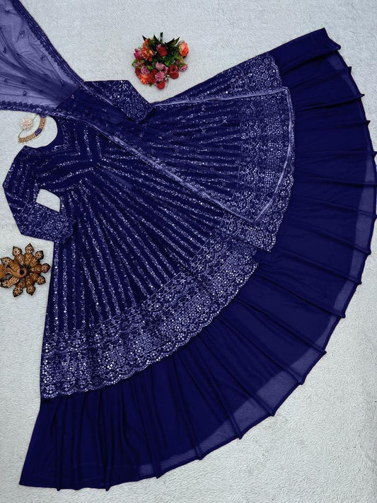 Delightful Sequence Thread Work Navy Blue Top With Lehenga
