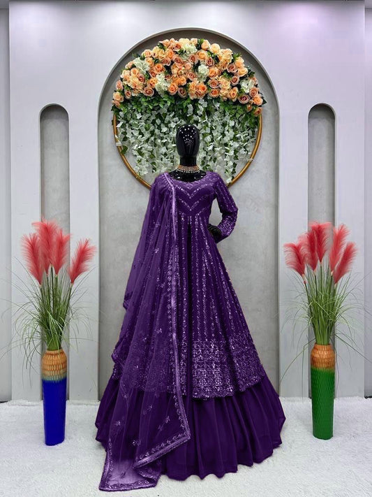 Delightful Sequence Thread Work Purple Top With Lehenga
