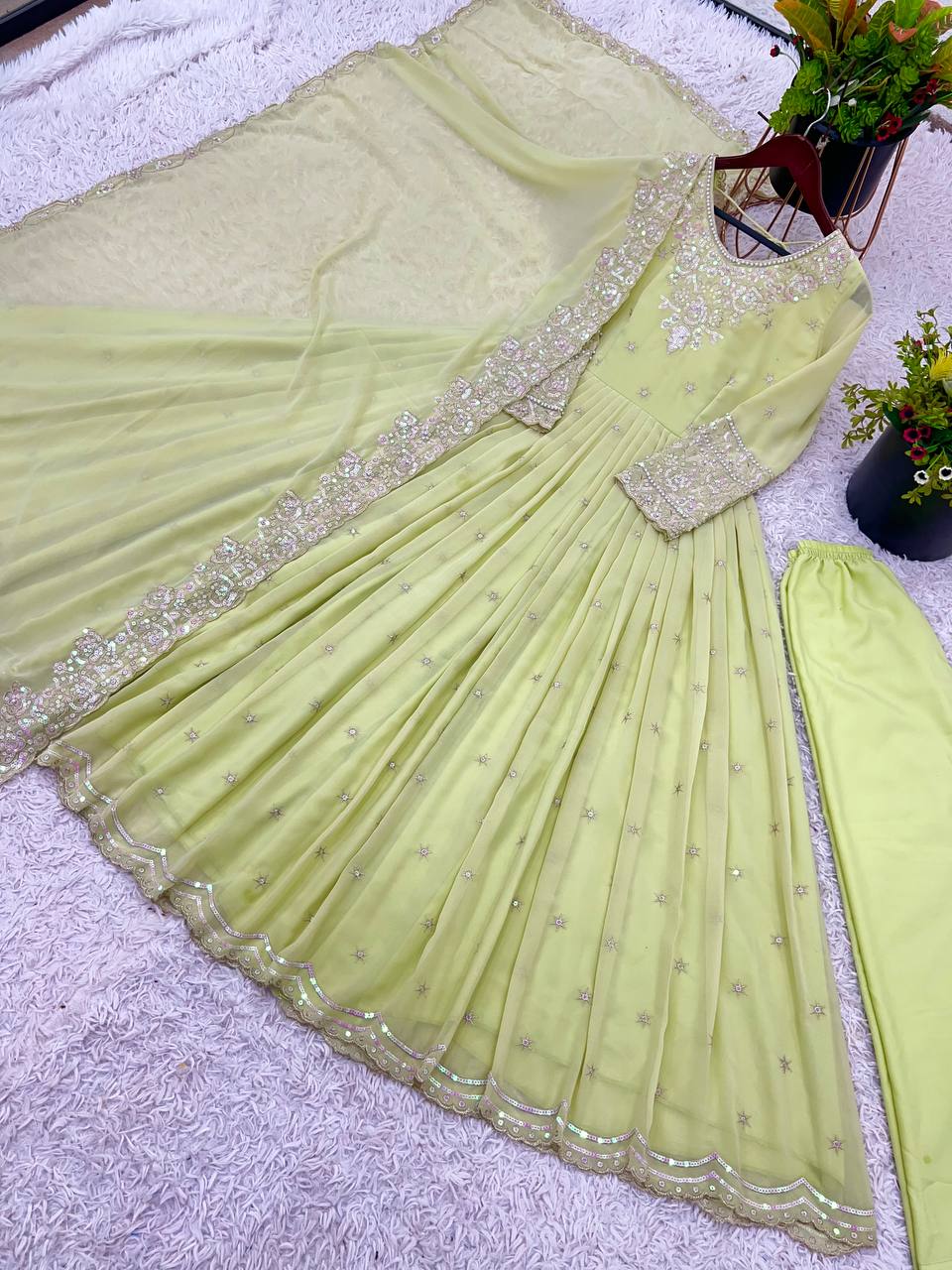 Gorgeous Sequence Work Pista Color Long Sleeve Gown