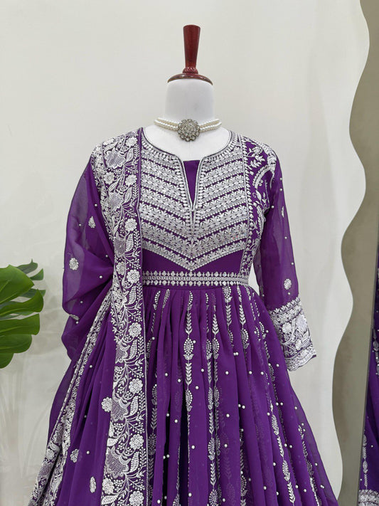 Traditional Wear Sequence Work Purple Color Gown With Dupatta