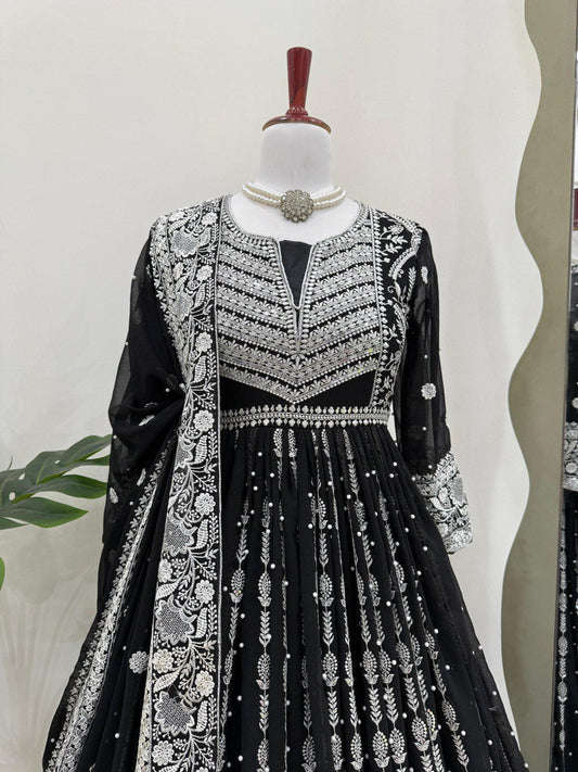 Traditional Wear Sequence Work Black Color Gown With Dupatta