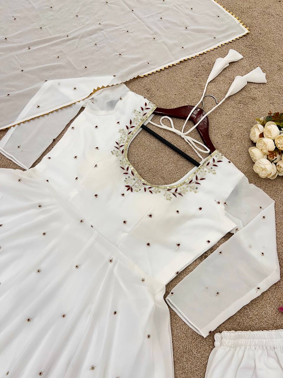 Outstanding Georgette White Color Full Sleeve Gown