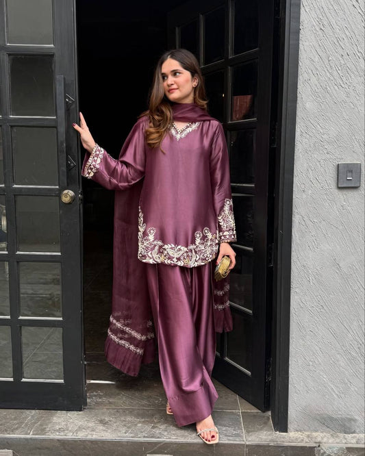 Embroidery Work Punjabi Style Wine Color Suit