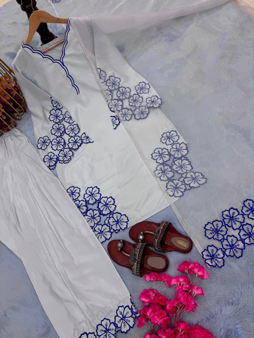 Sky Blue Color Embroidery Work Palazzo Style Salwar Suit