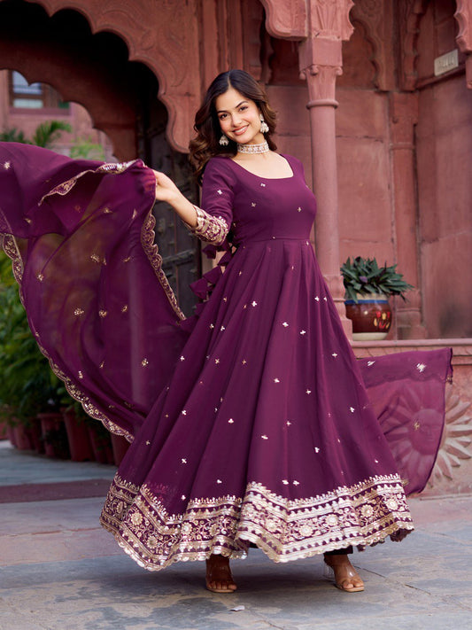 Outstanding Wine Color Georgette Gown With Dupatta
