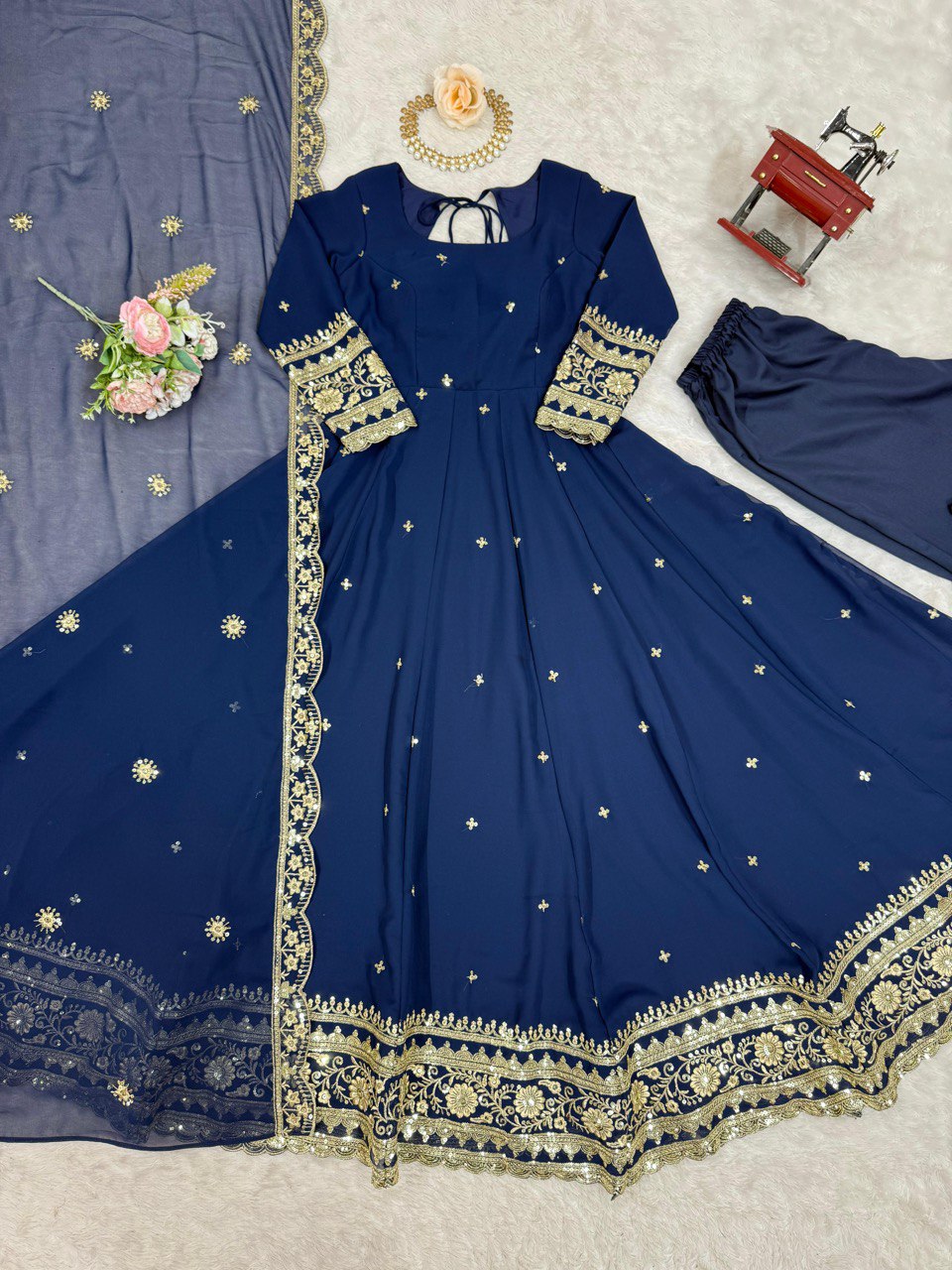 Outstanding Navy Blue Color Georgette Gown With Dupatta