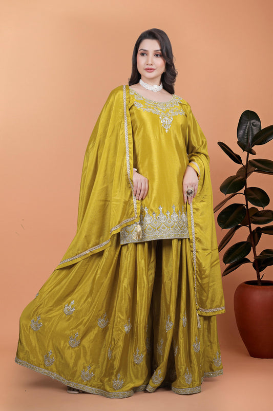 Designer Embroidery Work Mustard Color Palazzo Suit
