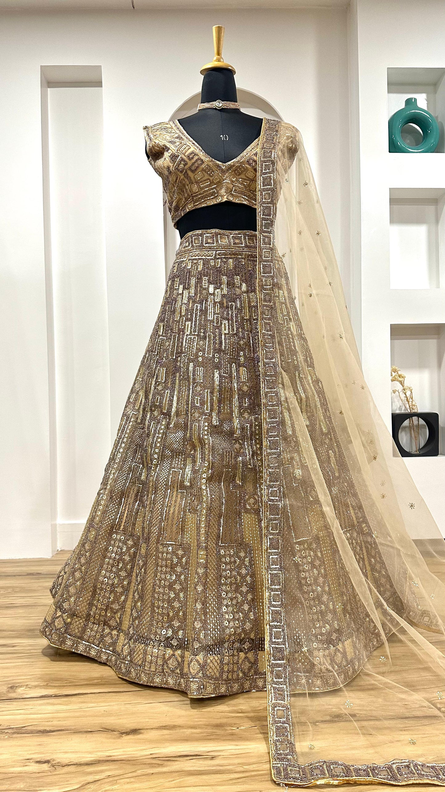 Party Wear Thread Work Gold Color Lehenga Choli