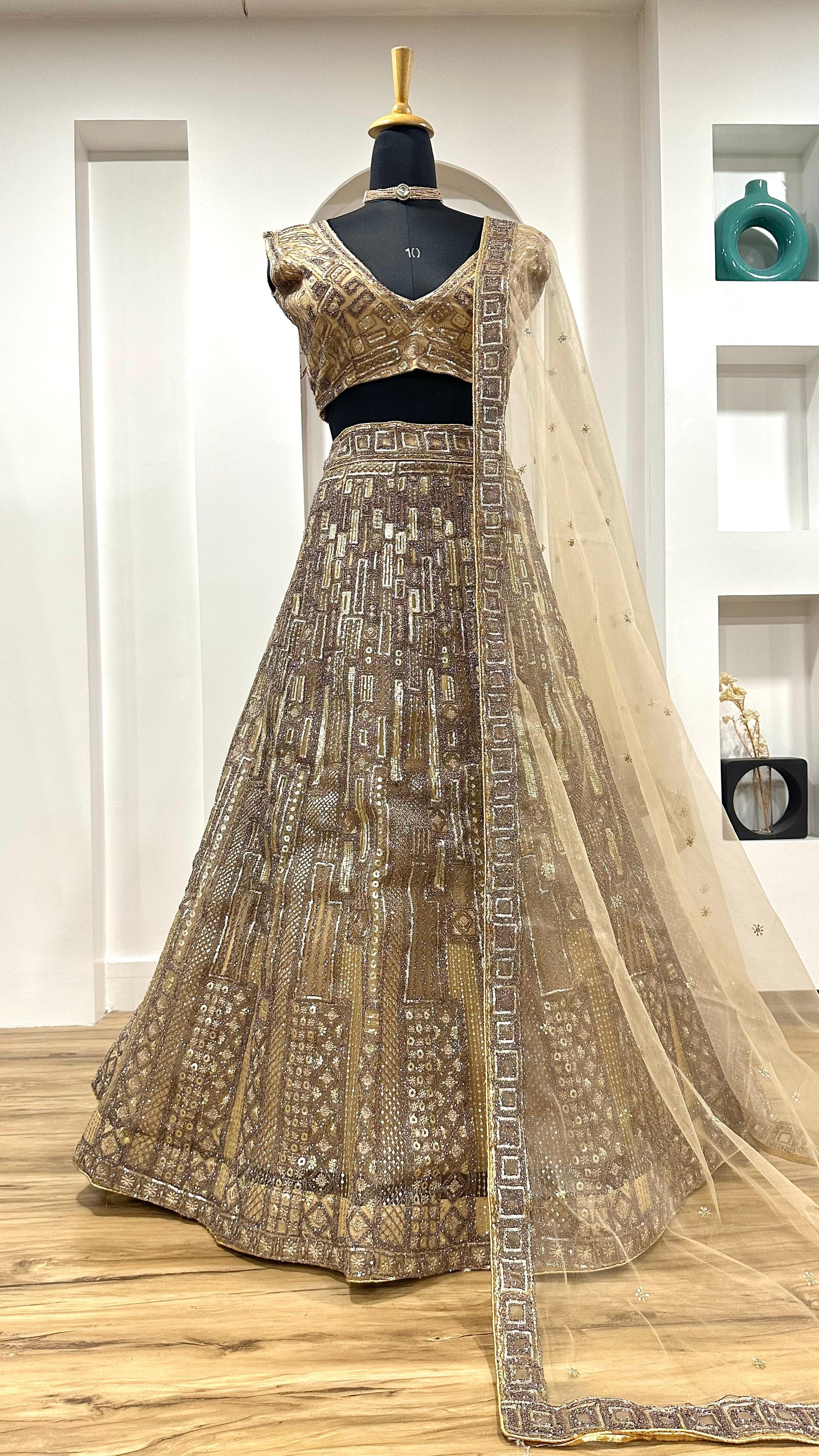 Party Wear Thread Work Gold Color Lehenga Choli