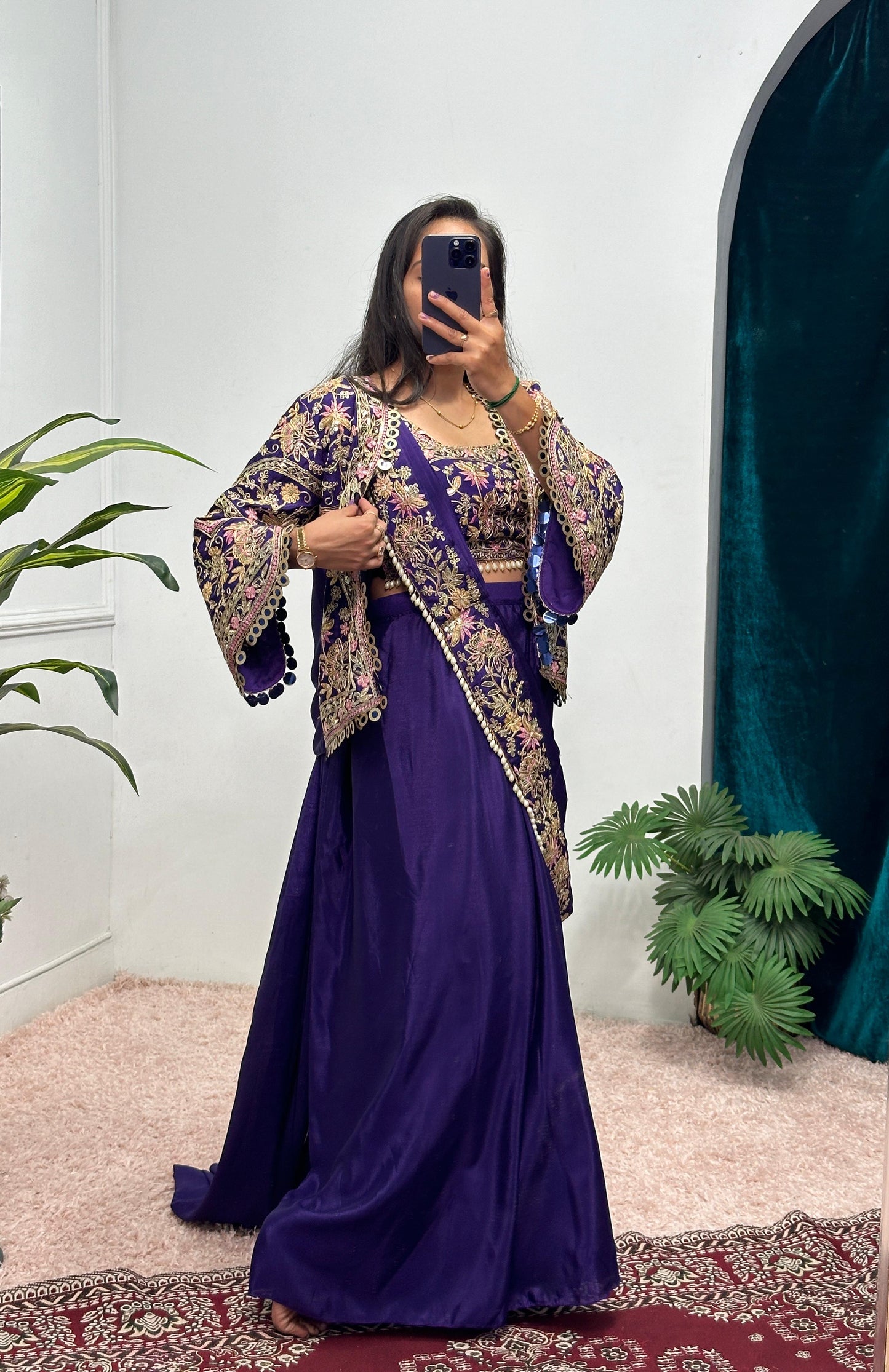 Presenting Embroidery Work Purple Color Ready To Wear Saree