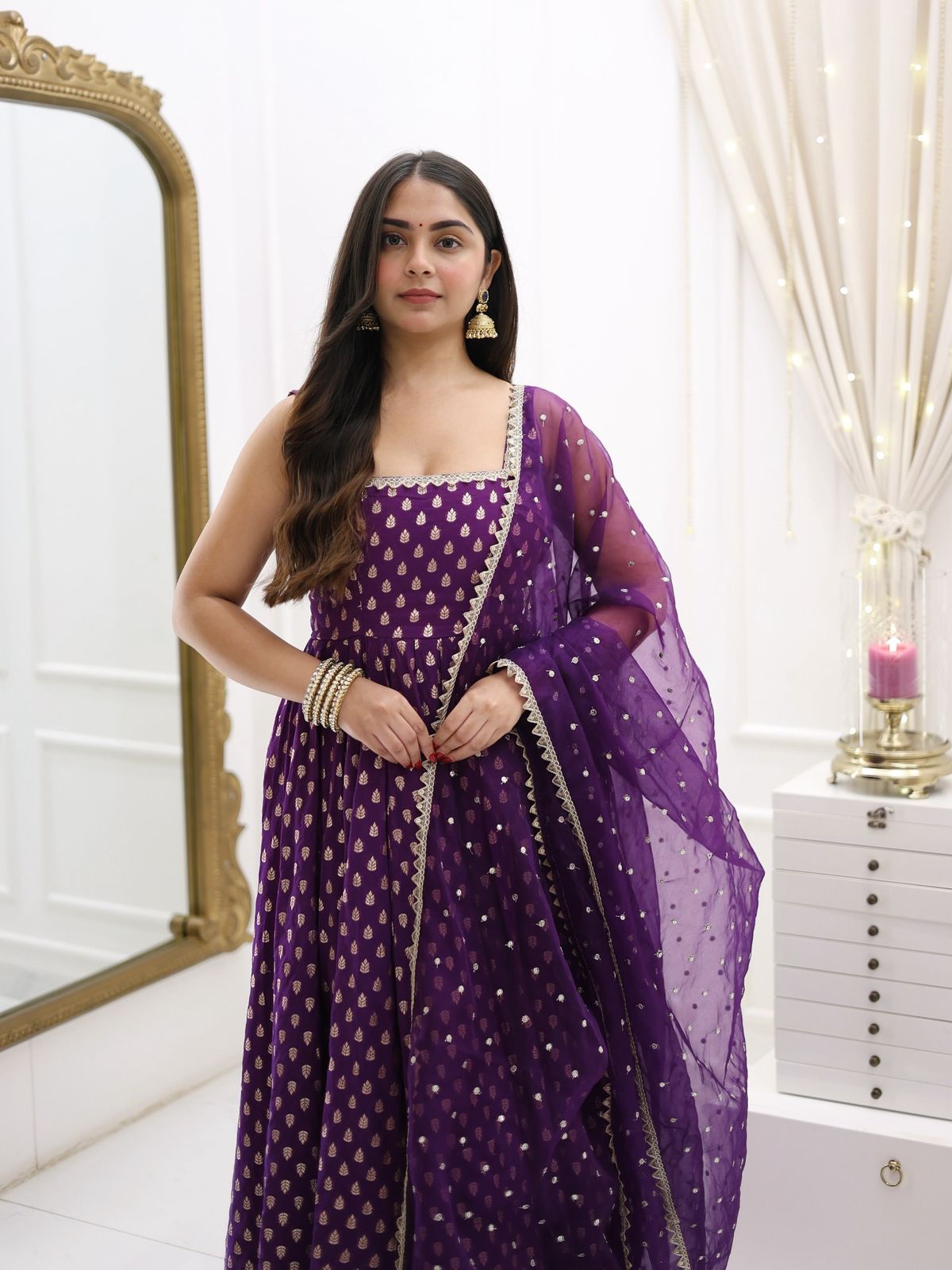 Captivating Jacquard Silk Purple Color Gown With Dupatta
